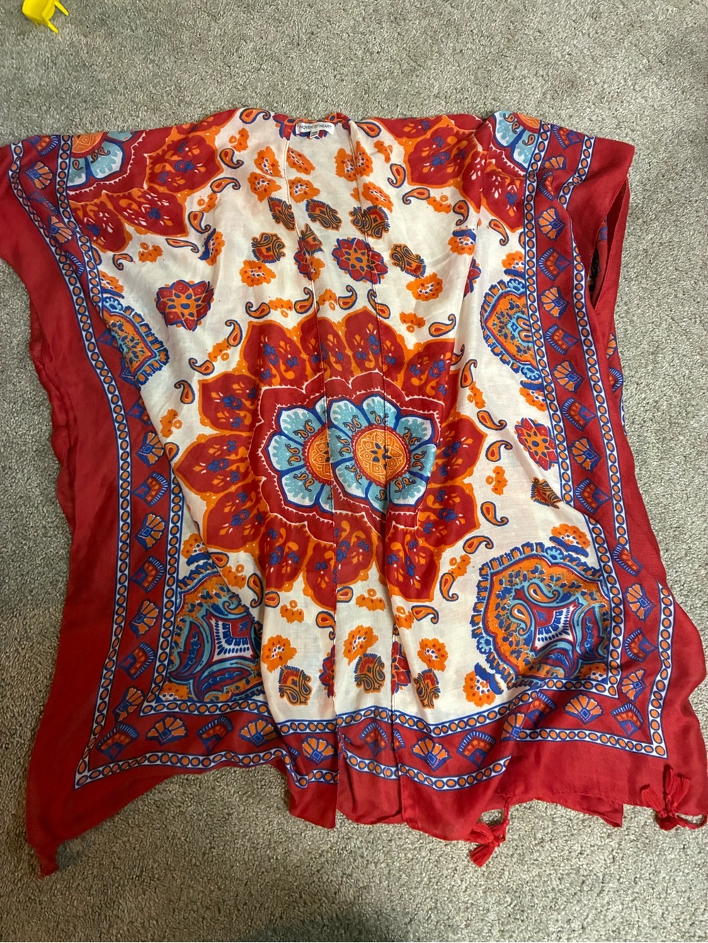 Woven Heart Red Multicolor Boho Floral Poncho